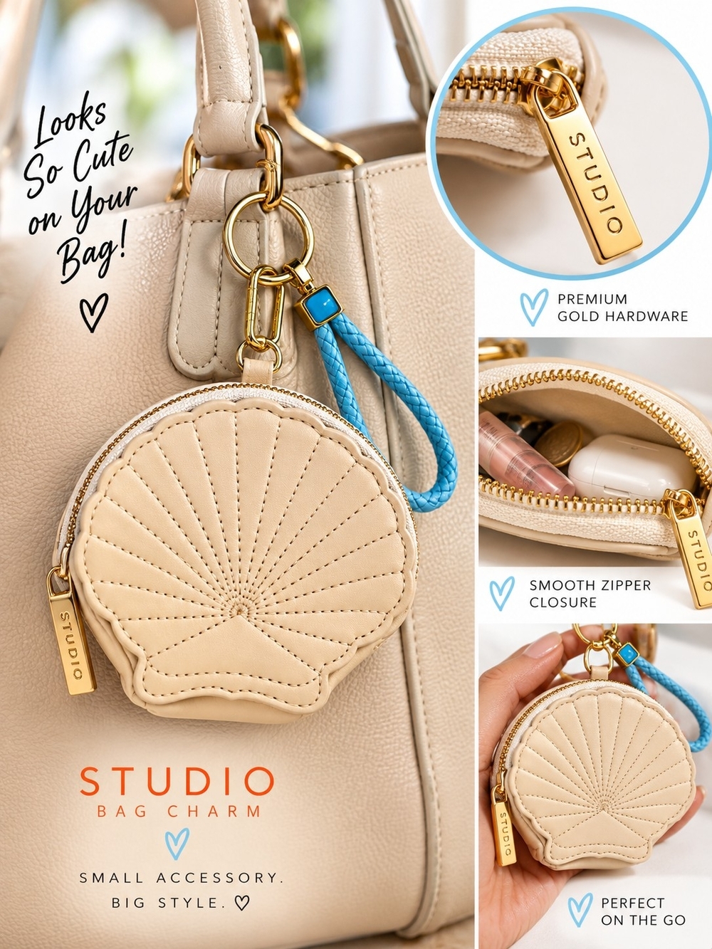 Seashell Coin Purse Bag Charm Keychain Blue Wristlet NWT - Picture 4 of 6